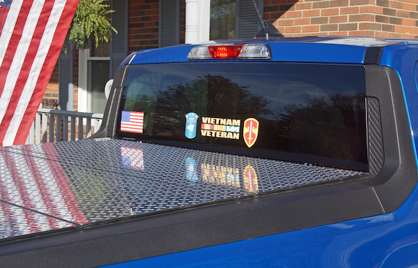 military stickers on a truck